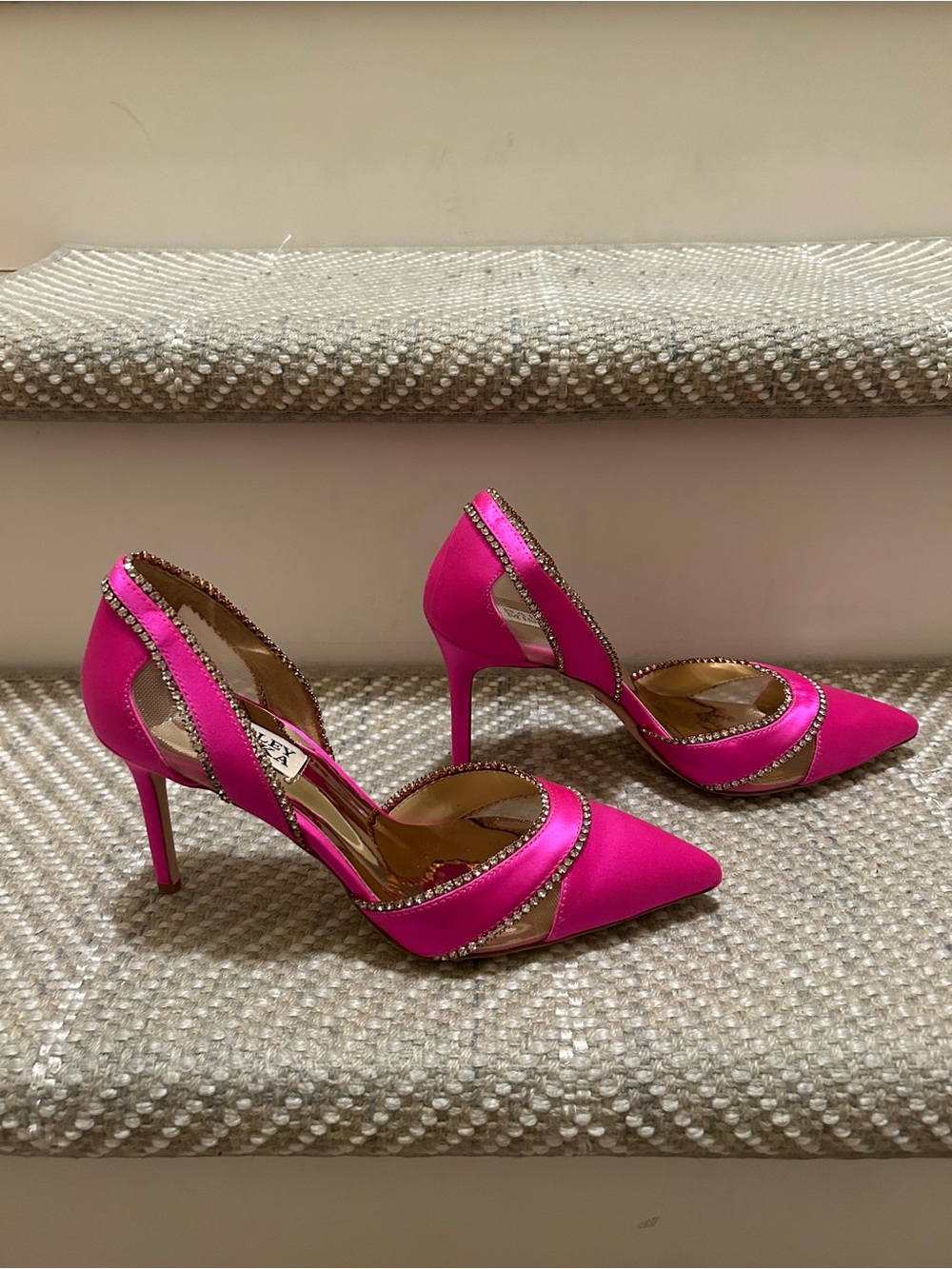 Badgley Mischka Hot Pink Satin Crystal-Trim Pointed-Toe Pumps